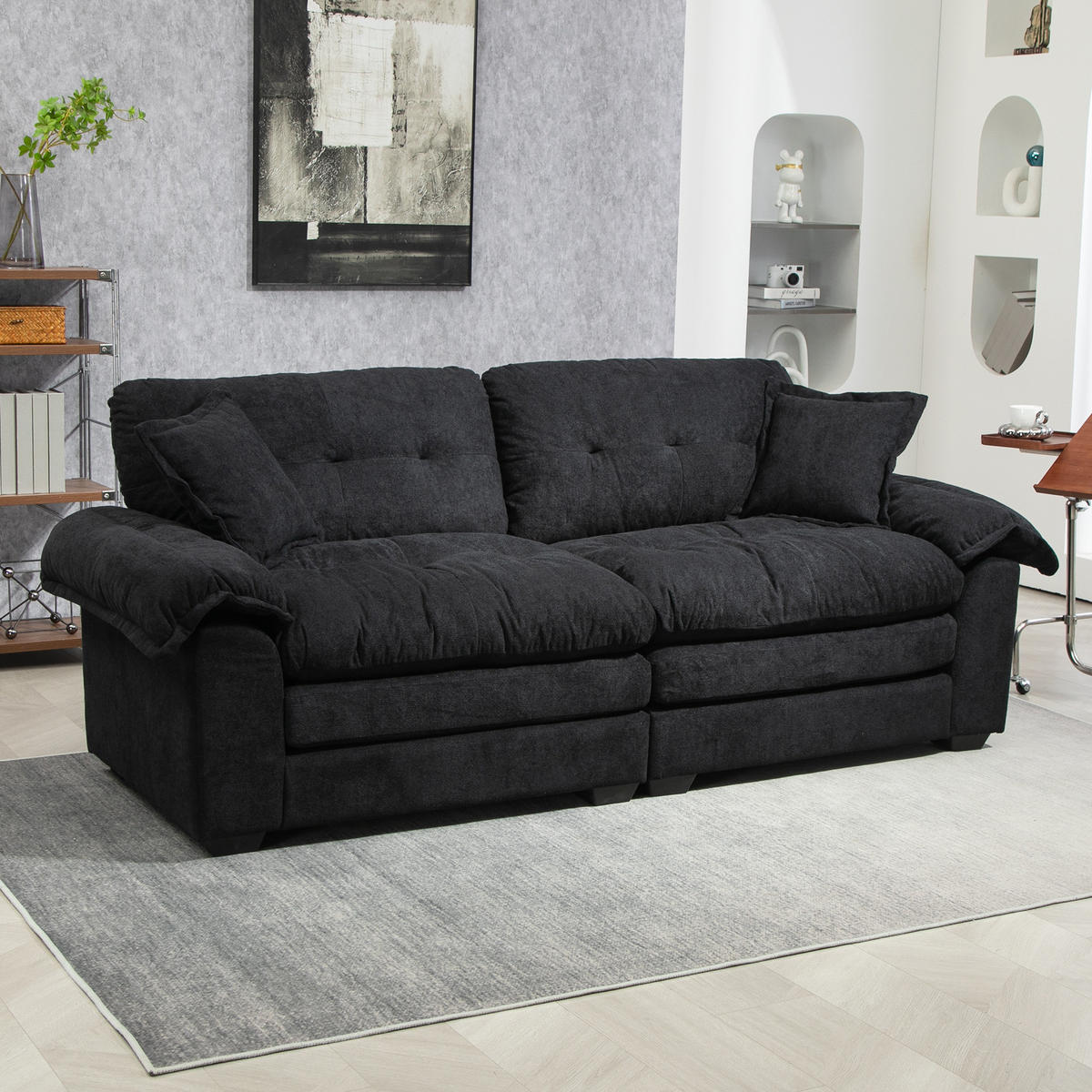 POHOVKA 214/89/93 cm černá z chenille s hlubokým sedem a dvouvrstvými polštáři - černá, textil (90.1/87.6/213.4cm) - OKWISH