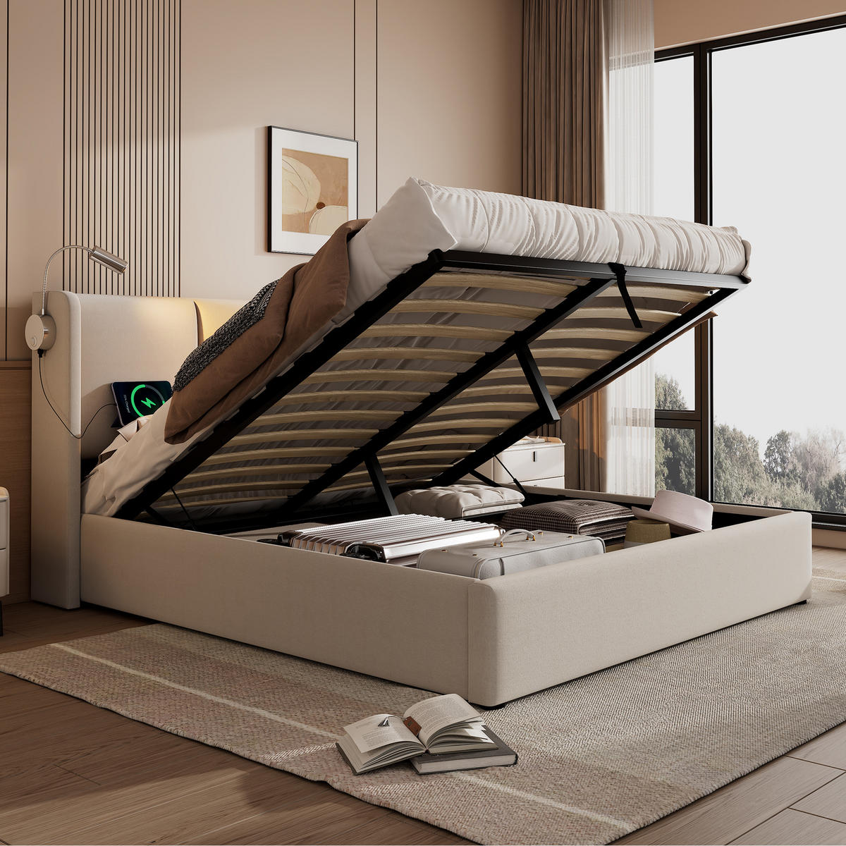 POLSTERBETT 140/200 cm Beige mit Leselampe und USB-Ladefunktion - Beige, Textil (140/200cm) - OKWISH