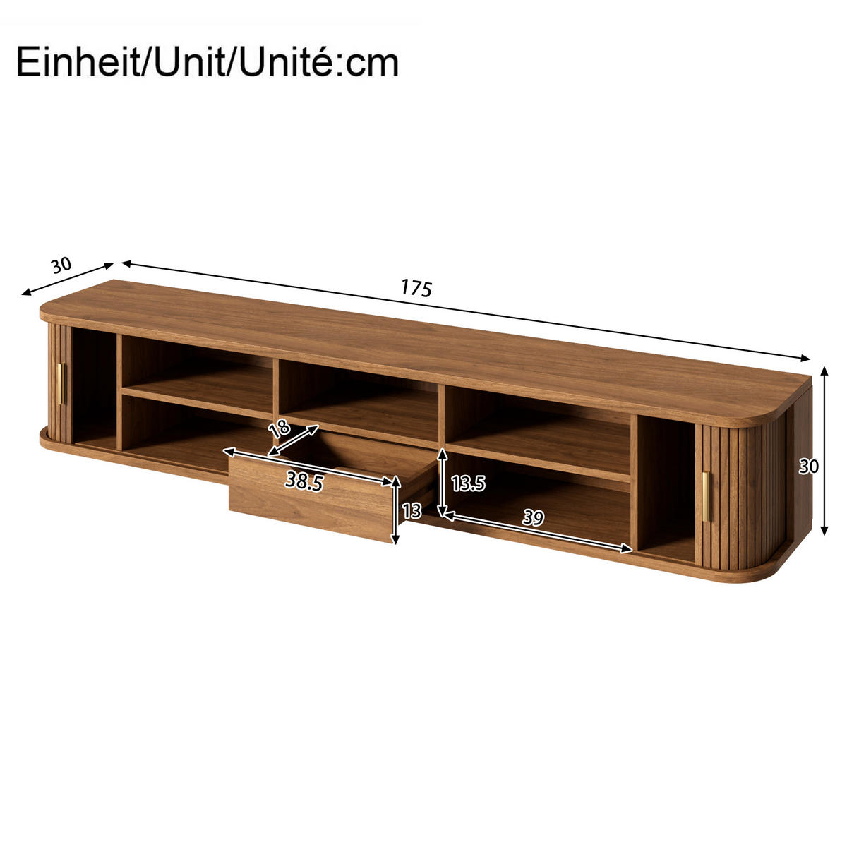 TV-BOARD Wandhängend MDF LED Rillenoptik Wohnzimmer - Walnussfarben, Holzwerkstoff (175/30/30cm) - FLIEKS