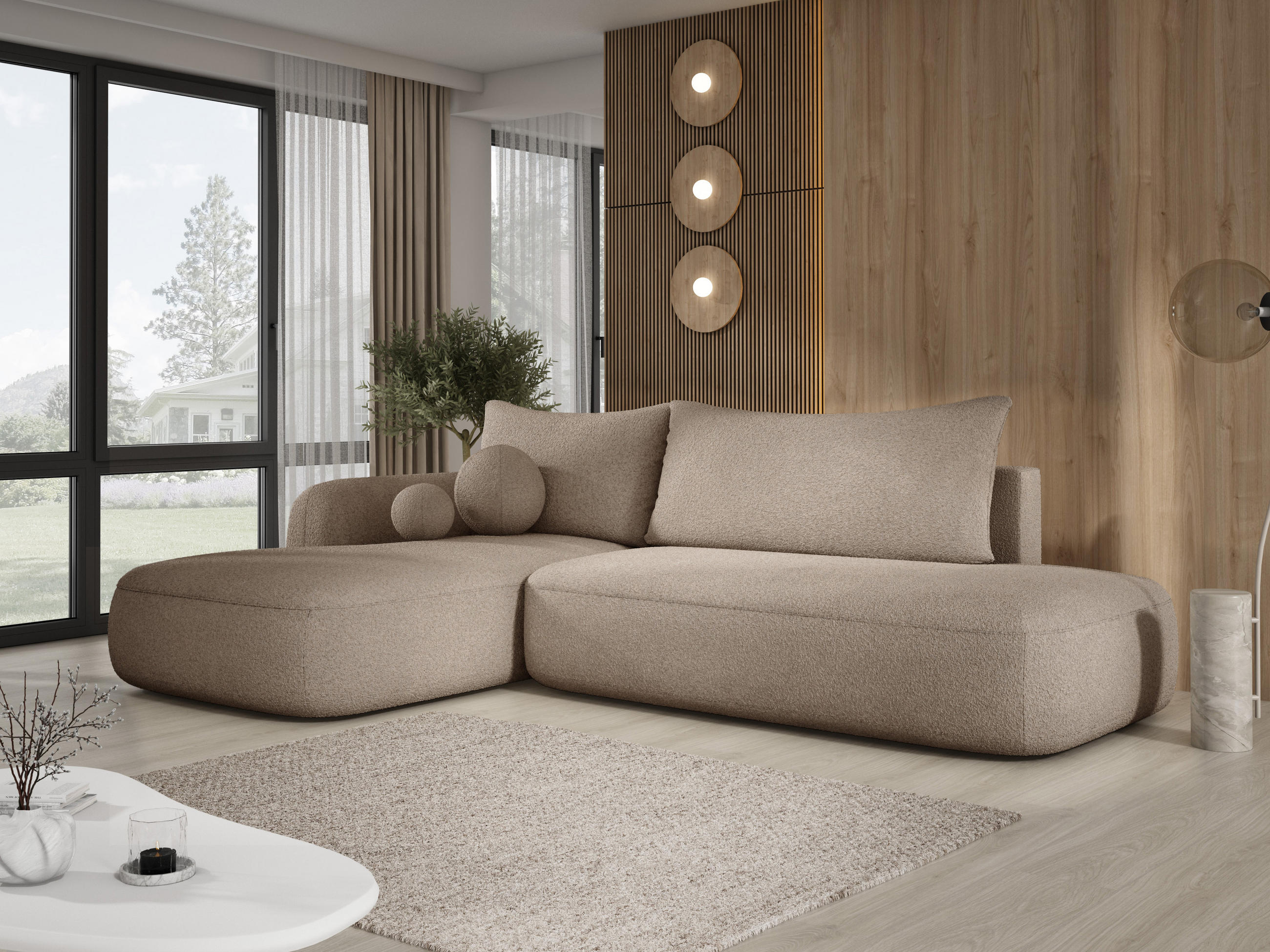 ECKSOFA BABU Mit Bettfunktion – Moderne Polsterecke Für Wohnzimmer Funktionales Schlafsofa Im Stoff NOW OR NEVER, 300x105x60cm, Linke, Beige - Cappuccino, Holz/Textil (190/300cm) - DomoHome
