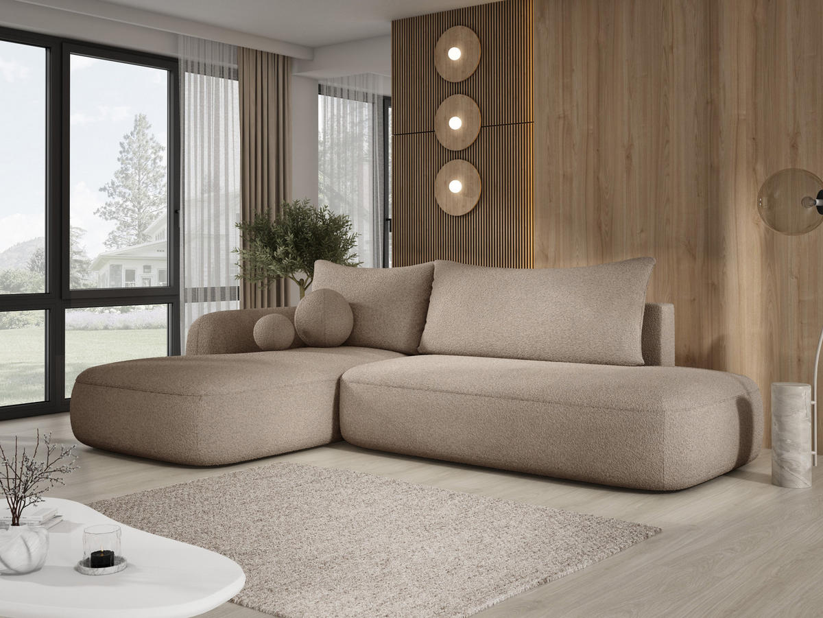 ECKSOFA BABU Mit Bettfunktion – Moderne Polsterecke Für Wohnzimmer Funktionales Schlafsofa Im Stoff NOW OR NEVER, 300x105x60cm, Linke, Beige - Cappuccino, Holz/Textil (190/300cm) - DomoHome