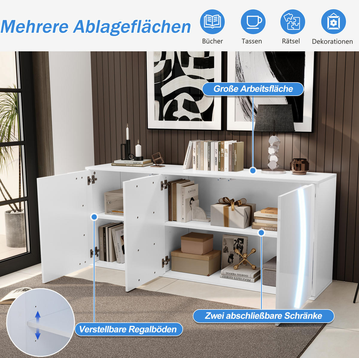 SIDEBOARD 150/40/70 cm in Weiß mit 3 Türen & LED-Beleuchtung - Weiß, Holzwerkstoff (150/70/40cm) - BEAOK