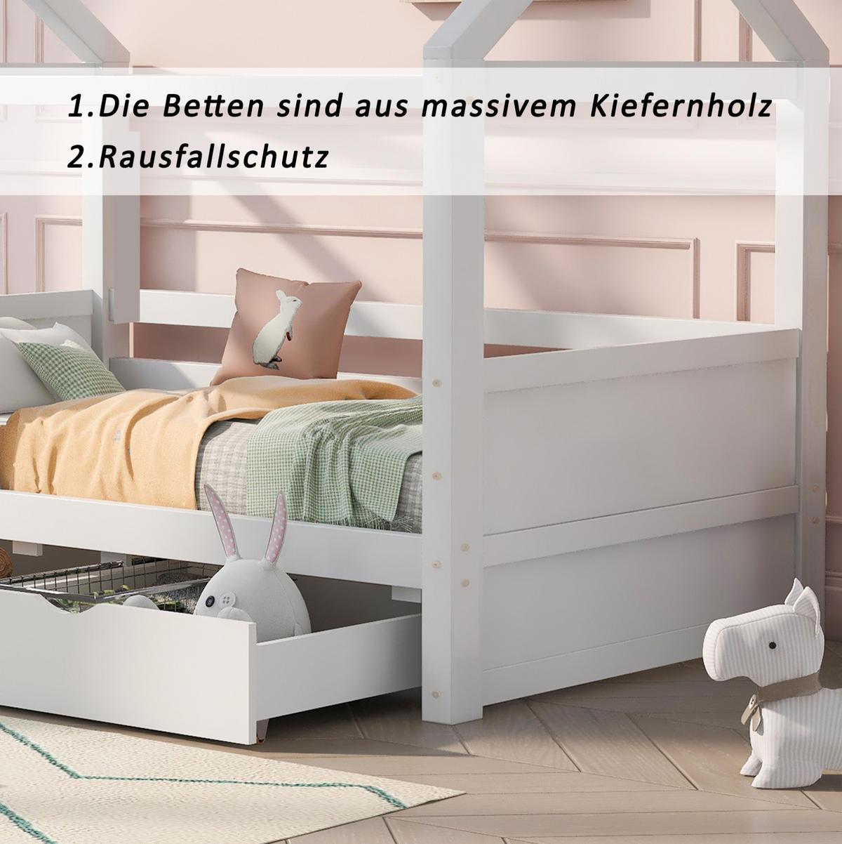 HAUSBETT 80/160 cm Weiß aus Kiefer Massivholz mit Rausfallschutz - Weiß, Holz (80/160cm) - OKMYHOME