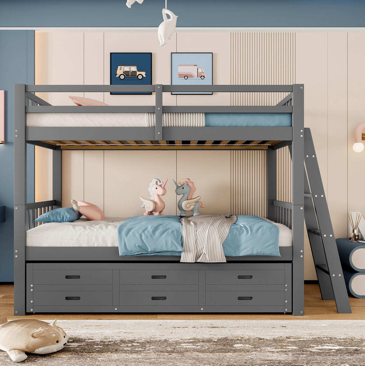 ETAGENBETT aus Kiefernholz 90x200 cm in Grau mit Ausziehbett & 3 Schubladen - Grau, Holz (90/200cm) - Modfu