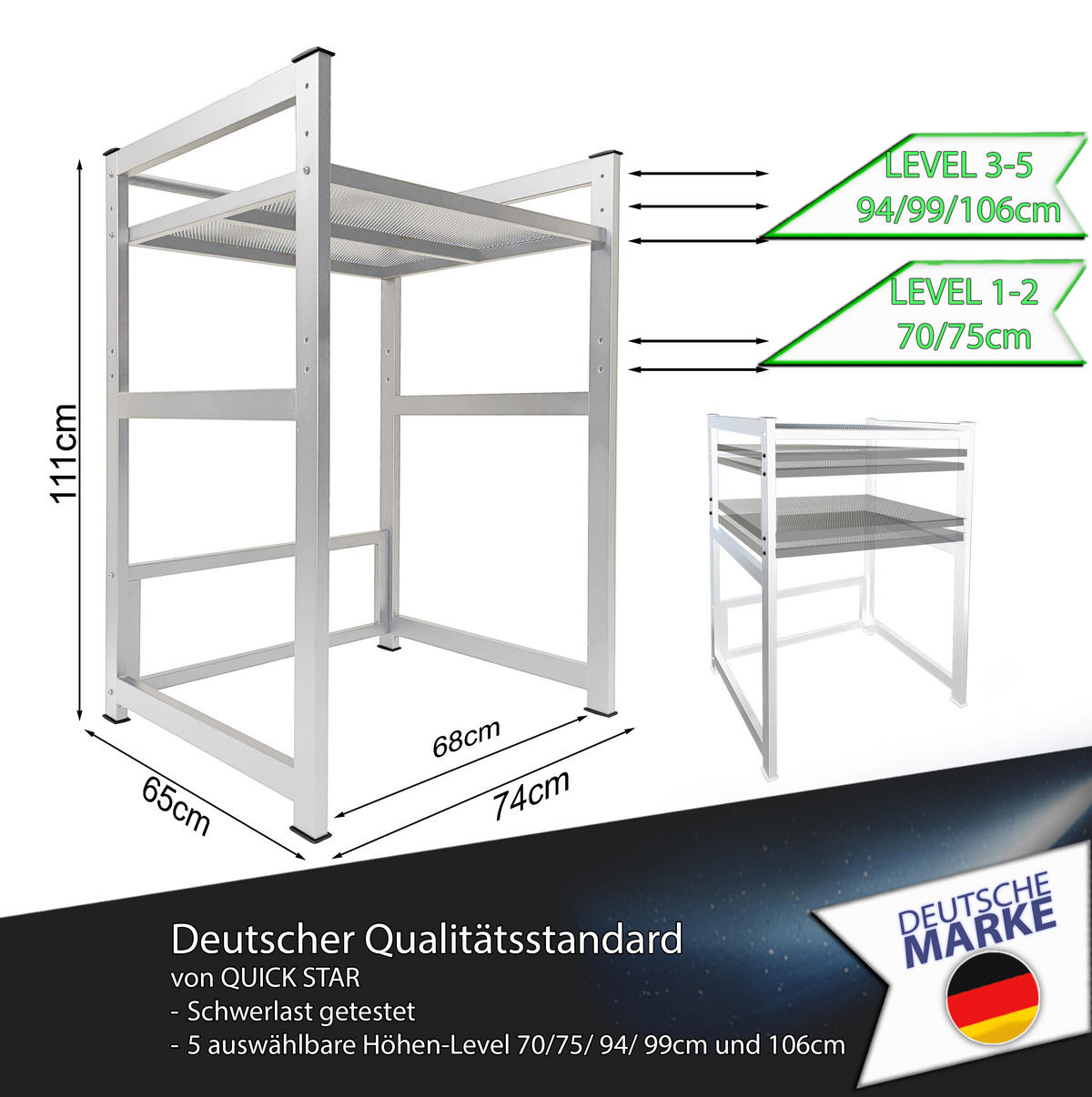 WASCHMASCHINENREGAL 73x64x110 cm - Weiß, Metall (73/110/64cm) - QUICK STAR
