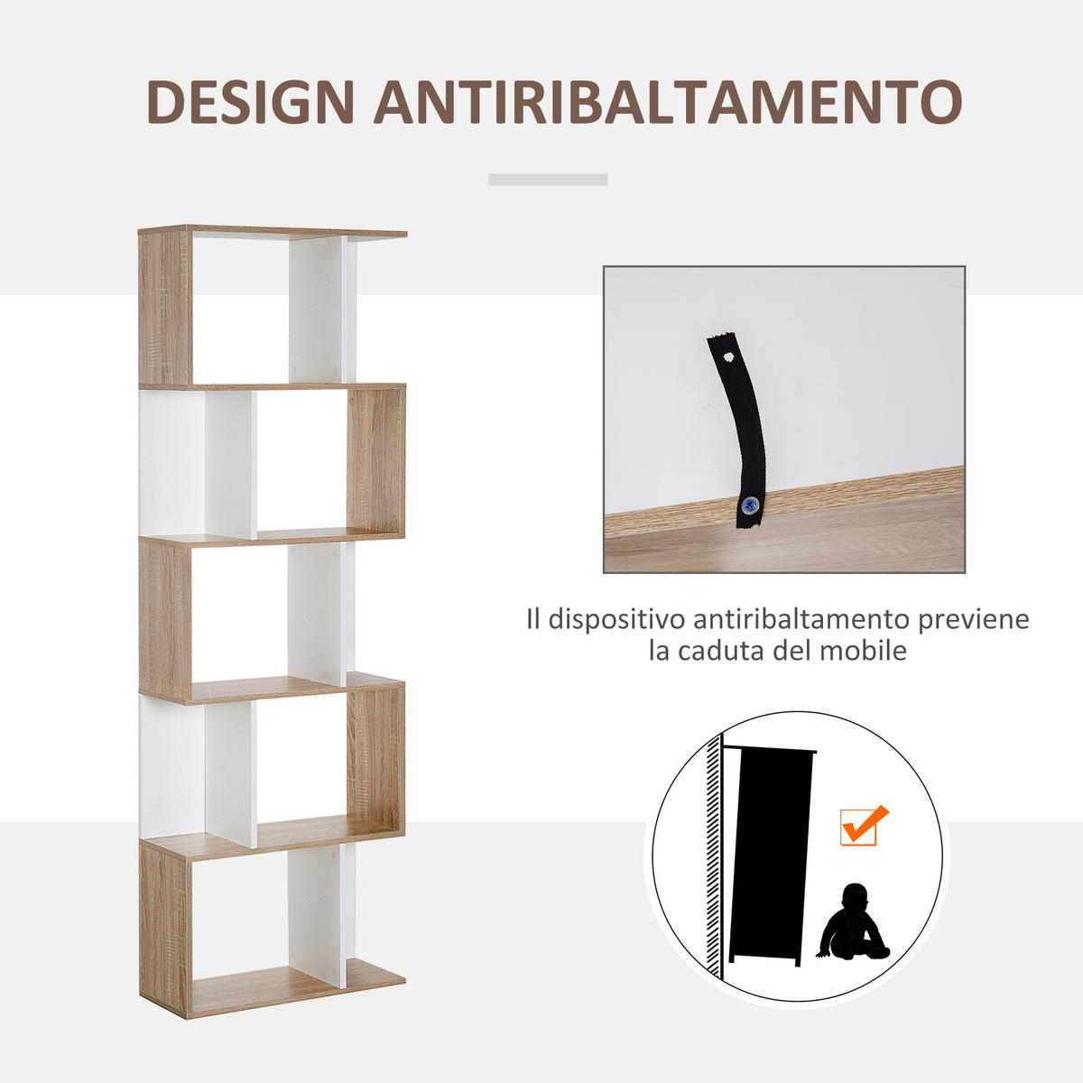 BÜCHERREGAL,5-STUFIG S-förmig Trennwand 60x24x184,5cm,holz-weiß - Weiß, Holzwerkstoff (60/184.5/24cm) - Vallsero