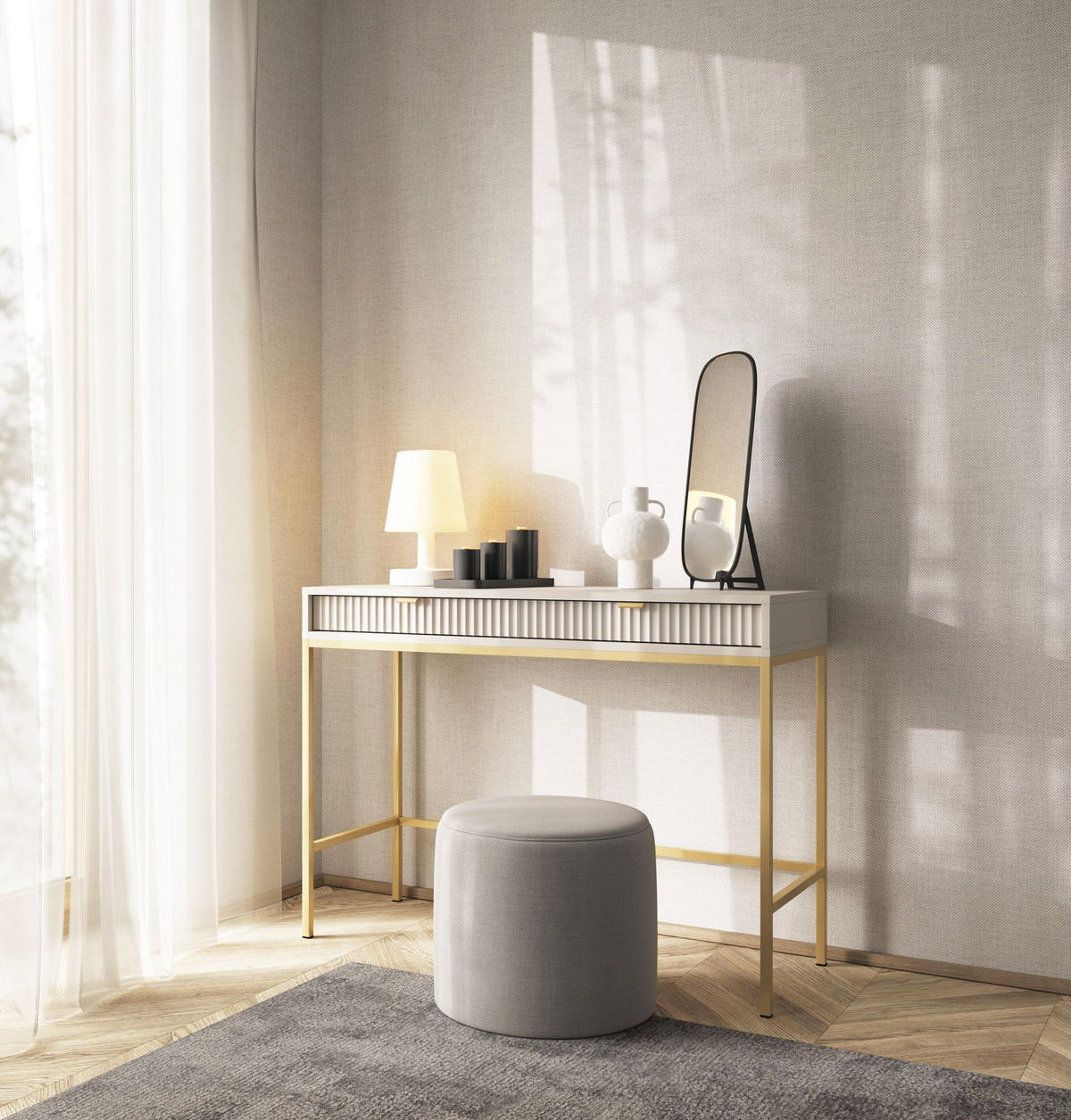 SCHMINKTISCH Vellore Greige / Gold 104 cm - Ecru/Beige, Holzwerkstoff/Metall (50/104/77cm) - Selsey