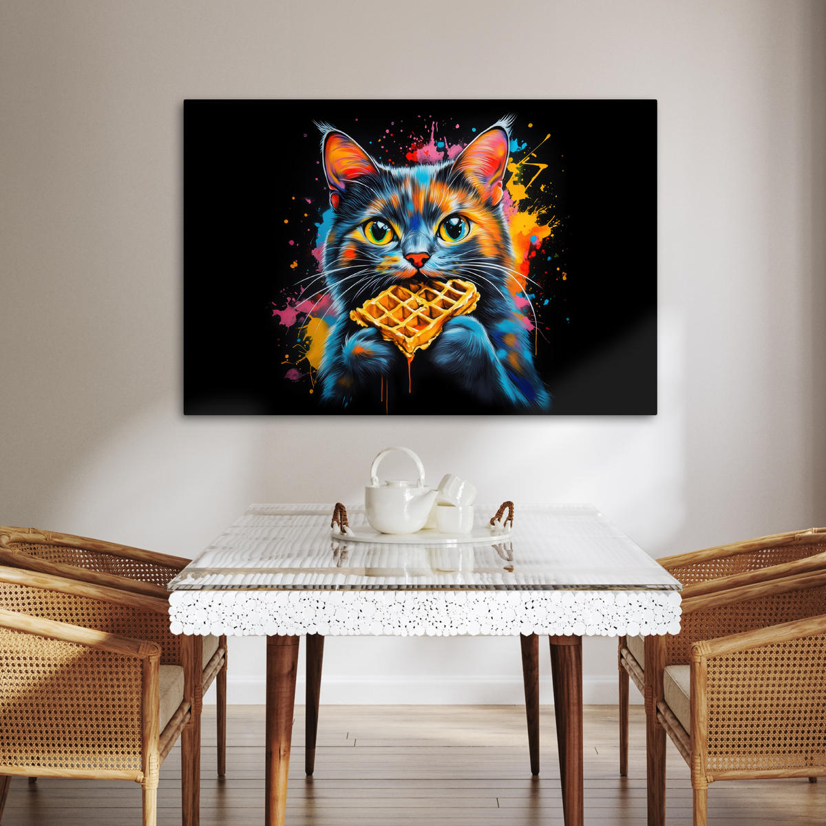 LEINWANDBILD Katze - Graffiti - Bunt - Waffel - Essen Wohnzimmer 120x80 cm - Türkis, Textil (120/80cm) - MuchoWow