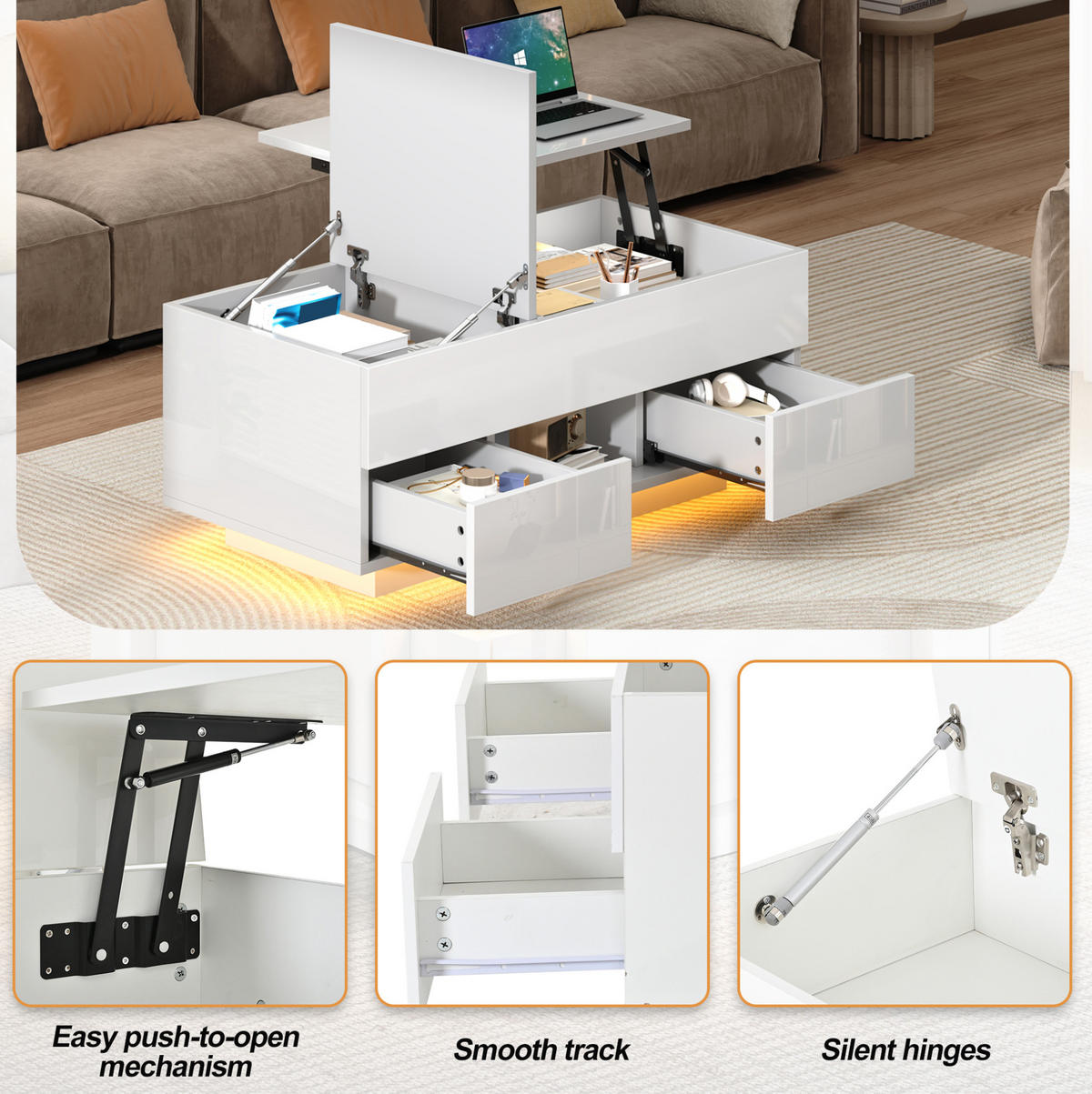 COUCHTISCH 100/45/43 cm Weiß aus Spanplatte mit LED und höhenverstellbarer Tischplatte - Weiß, Holzwerkstoff (100/45/43cm) - OKMYHOME