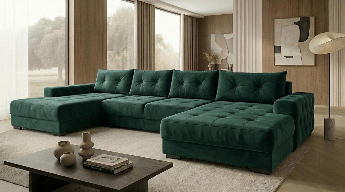 ECKSOFA MODENA 320 cm x 185 cm – Stoff: VELUTTO Dunkelgrun 10 Farbe: Grün - Grün, Textil (320/185cm) - A&J MöbelLand