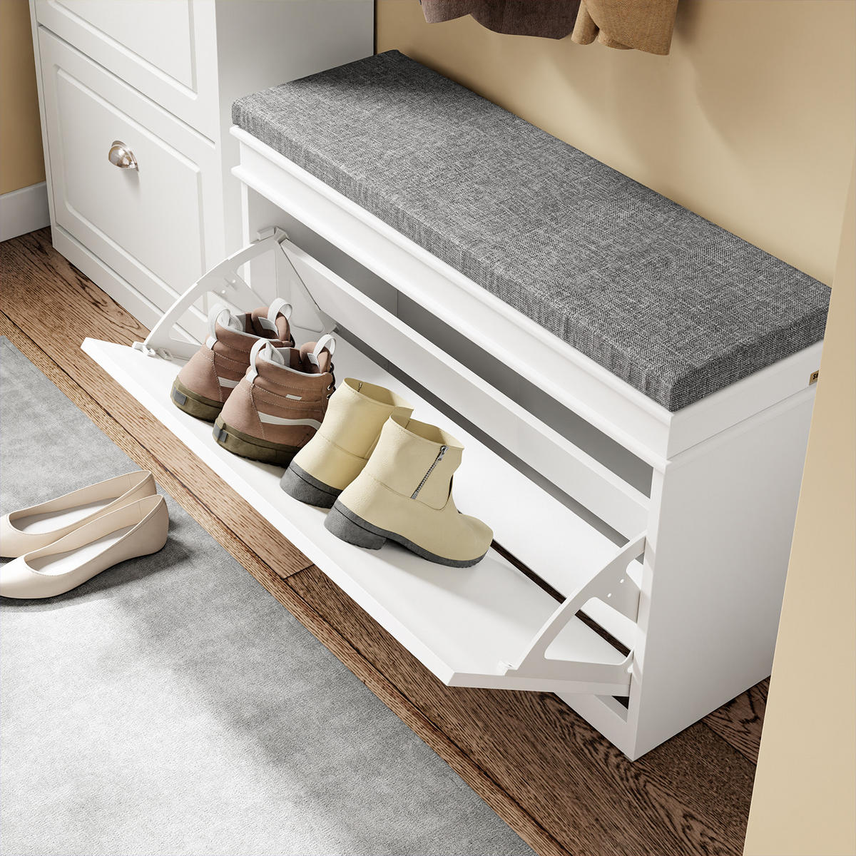 SCHUHBANK mit Sitzkissen und Klappe, Weiß 75x51x24cm - Weiß, Holzwerkstoff (75/51/24cm) - SoBuy