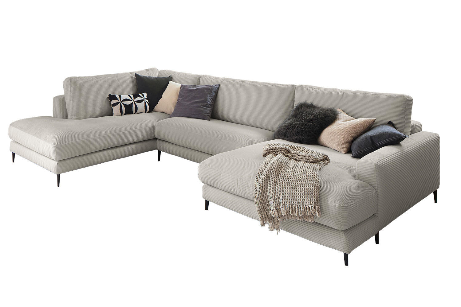 WOHNLANDSCHAFT CARA Steingrau Cord - Greige/Schwarz, Textil (341/84/223cm) - KAWOLA