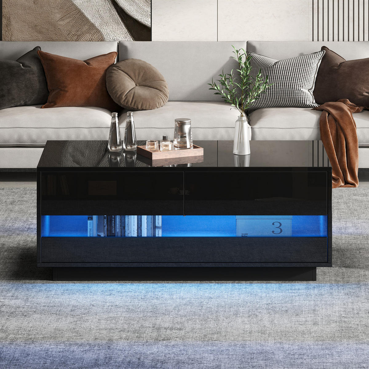 COUCHTISCH 100x50cm Schwarz Hochglanz Bluetooth LED 2 Schubladen Glas - Schwarz, Holz (111.51/58.04/16.51cm) - FLIEKS