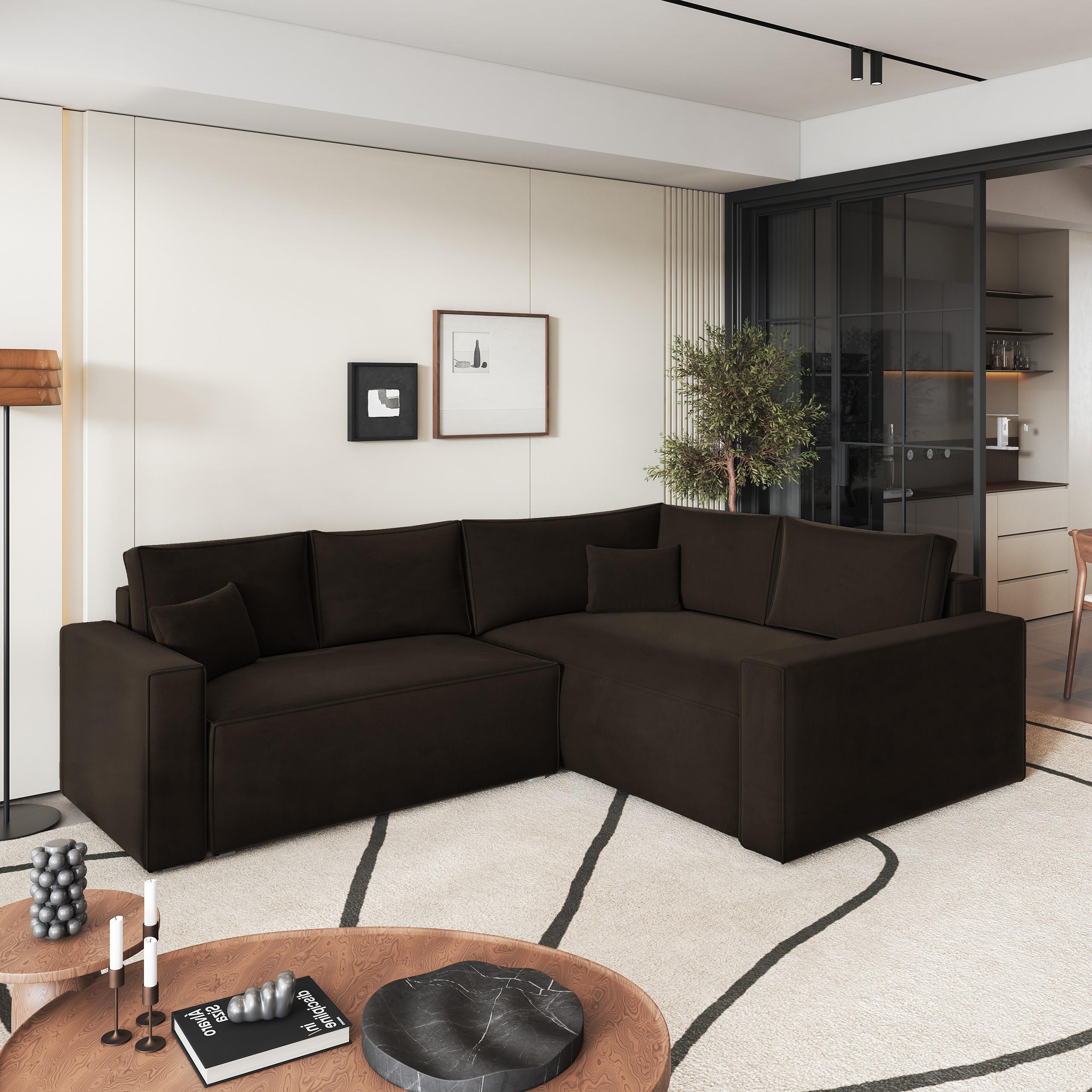 ECKSOFA ERONIS R-S Braun Velours-Stoff mit Schlaffunktion - Braun, Holz (265/194cm) - MASSENO