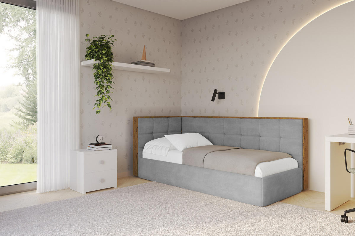 EINZELLBETT Jugendbett mit Bettkasten, Rechts - SOVY 100x200 Grau - Silberfarben, Holzwerkstoff/Textil (100/200cm) - ALTDECOR