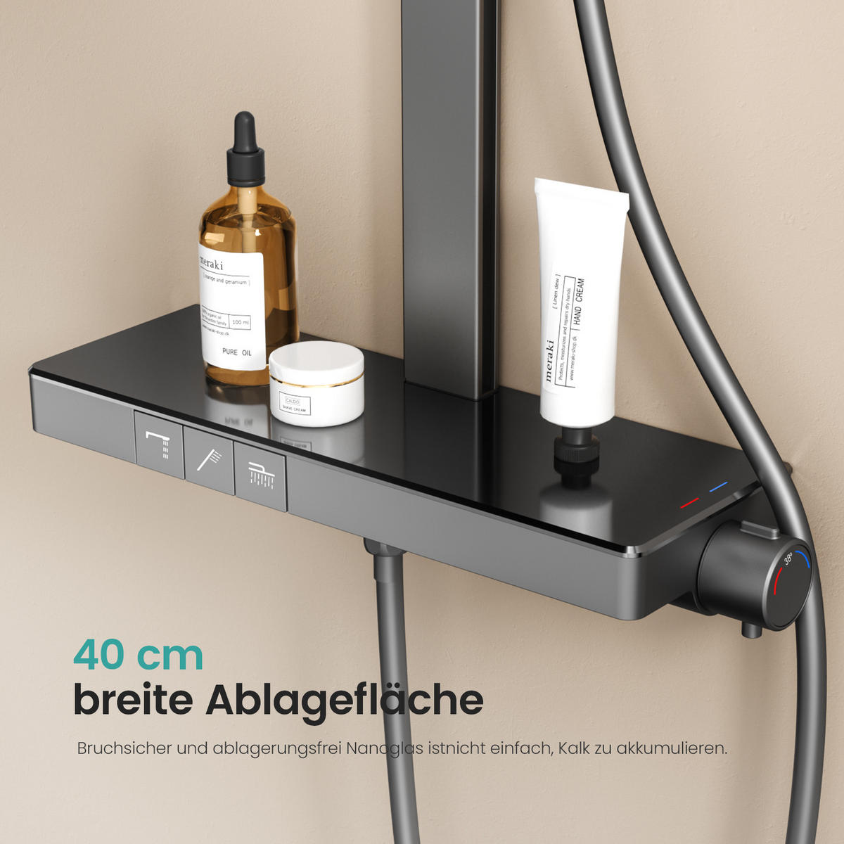 ÜBERKOPFBRAUSESET mit Thermostat 3 Auslässe Anthrazit 105/40,1/57,3 cm - Anthrazit, Metall (40/105/57cm) - EMKE