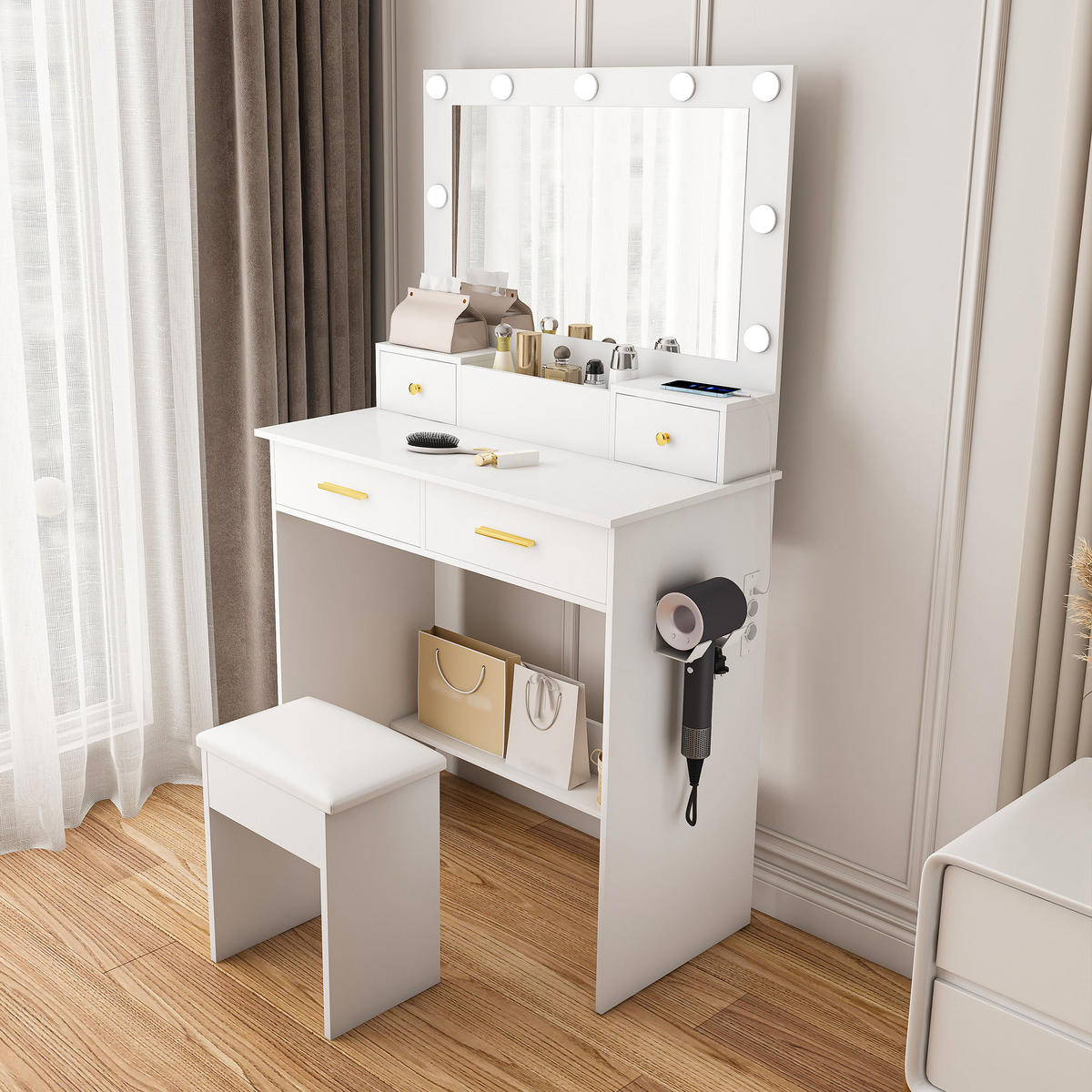 SCHMINKTISCH-SET 80 cm in Weiß mit LED-Spiegel - Weiß, Holzwerkstoff (80/137/40cm) - Urban Meuble