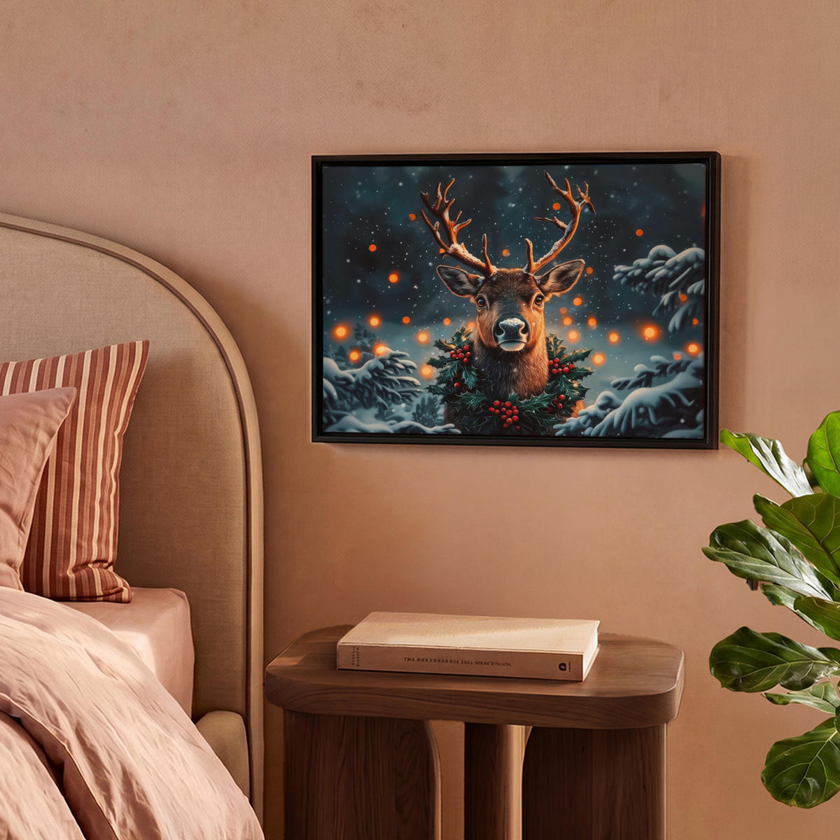 LEINWAND Bilder mit Rahmen - Hirsch - Weihnachten - Winter - Schnee - Weihnachtskranz - 40x30 - Dunkelbraun, Textil (40/30cm) - MuchoWow
