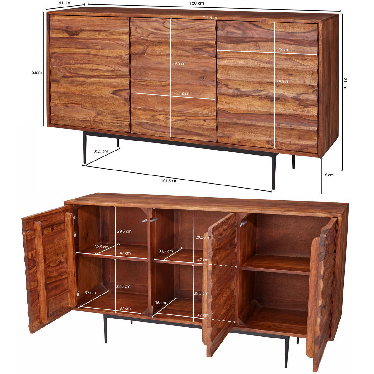 SIDEBOARD – Massivholz, 150 cm breit, 3 Türen, modern - Schwarz/Braun, Holz/Metall (150/81/41cm) - KADIMA DESIGN
