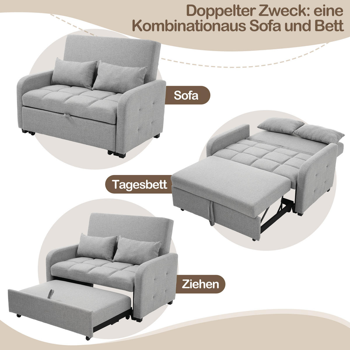 SOFA Klappsofabett Verstellbarer Rücken Multifunktional Kleinwohnung 180x127cm - Grau, Holz (109.22/16.51/57.15cm) - FLIEKS