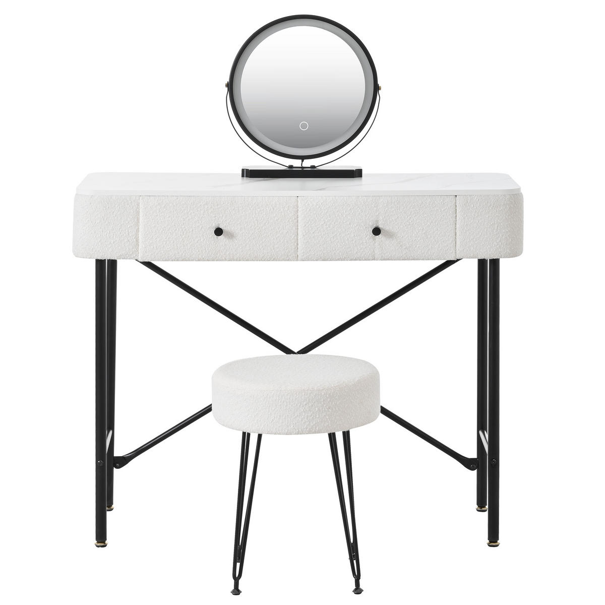 SCHMINKTISCH mit LED-Spiegel & Hocker, 2 Schubladen, Marmoroptik Tischplatte, moderner Frisiertisch,Weiß, 100x40x120 cm - Weiß, Holz (40/120/100cm) - Ej. Life
