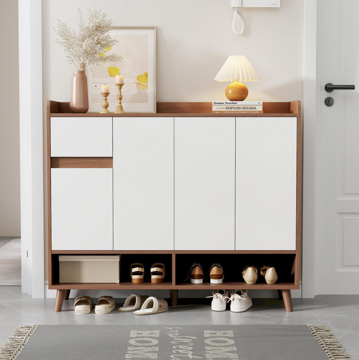 SIDEBOARD mit 4 Türen und Schublade 120 x 35 x 99 cm White/Natural - Weiß, Holzwerkstoff (35/99/120cm) - Beauniv