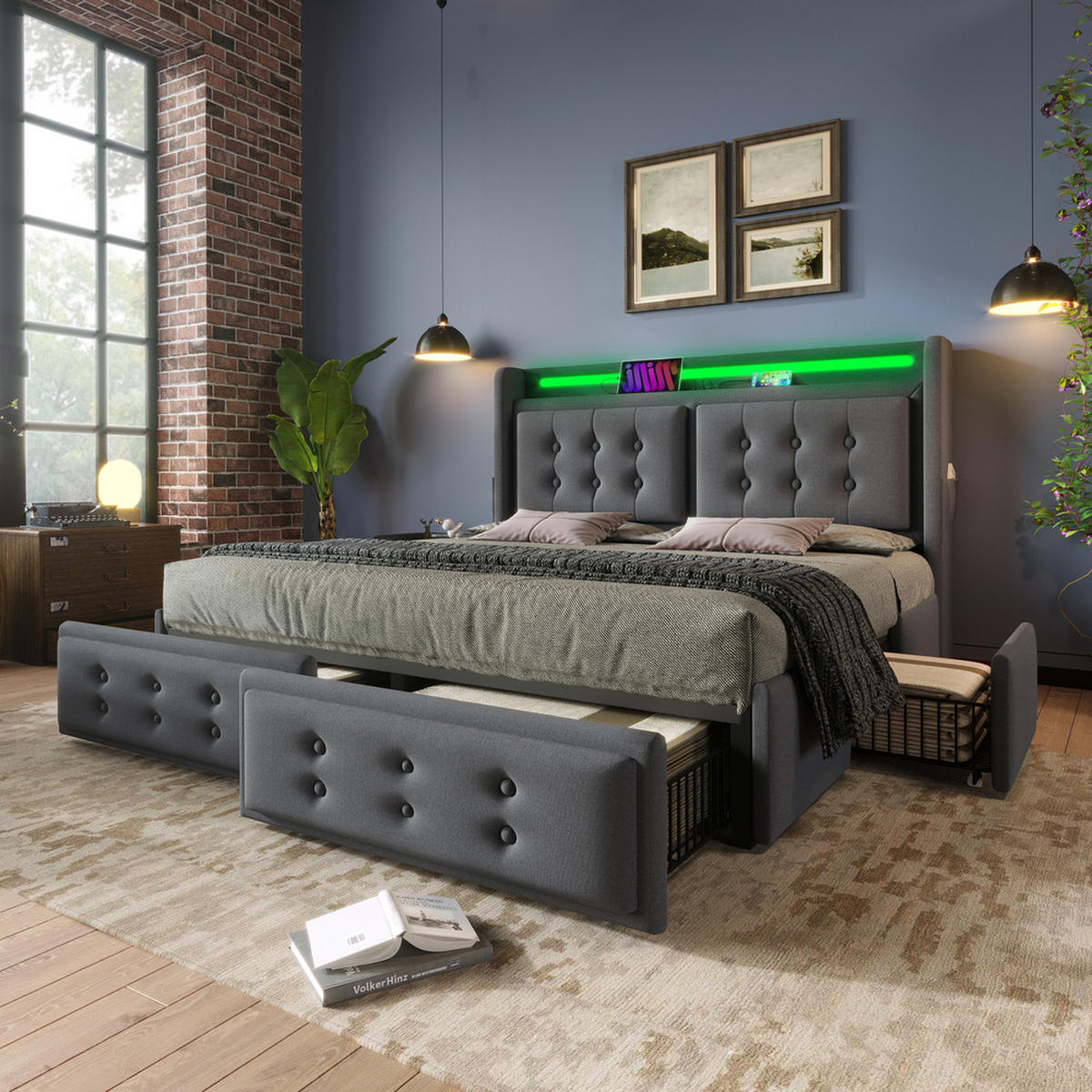 POLSTERBETT 160x200cm Doppelbett LED-Kopfteil USB-C 4 Schubladen Grau - Grau, Holz - FLIEKS