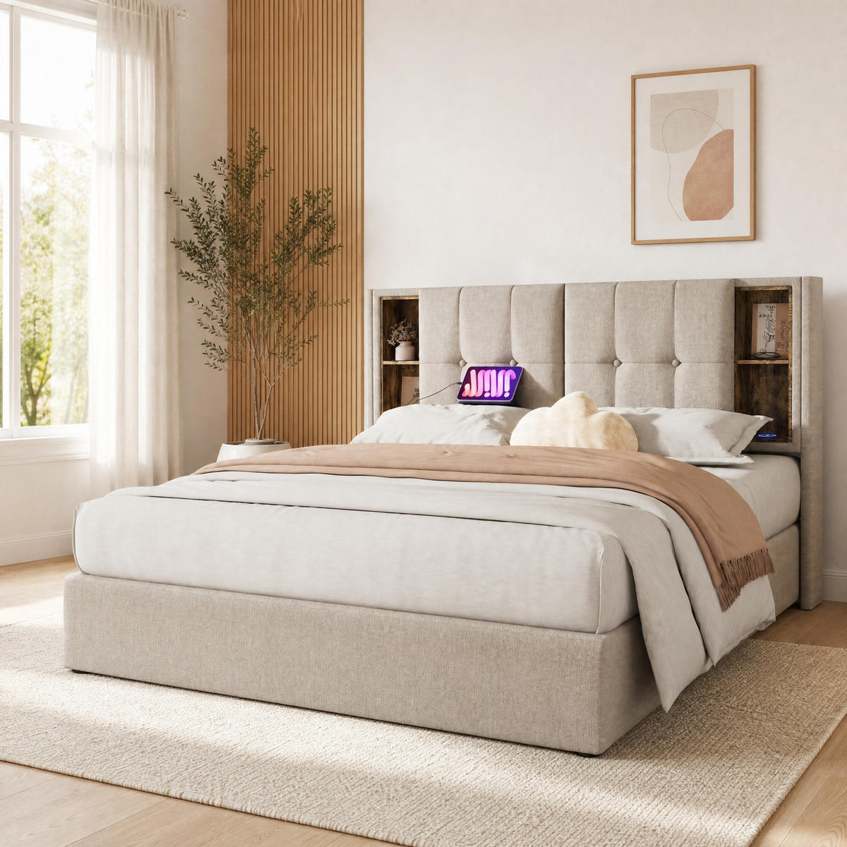 POLSTERBETT 160/200 mit Bettkasten, kabellosem Laden, USB Type-C und Kopfteilablagen aus Leinen - Beige, Holzwerkstoff/Textil (160/200cm) - EVRYAE
