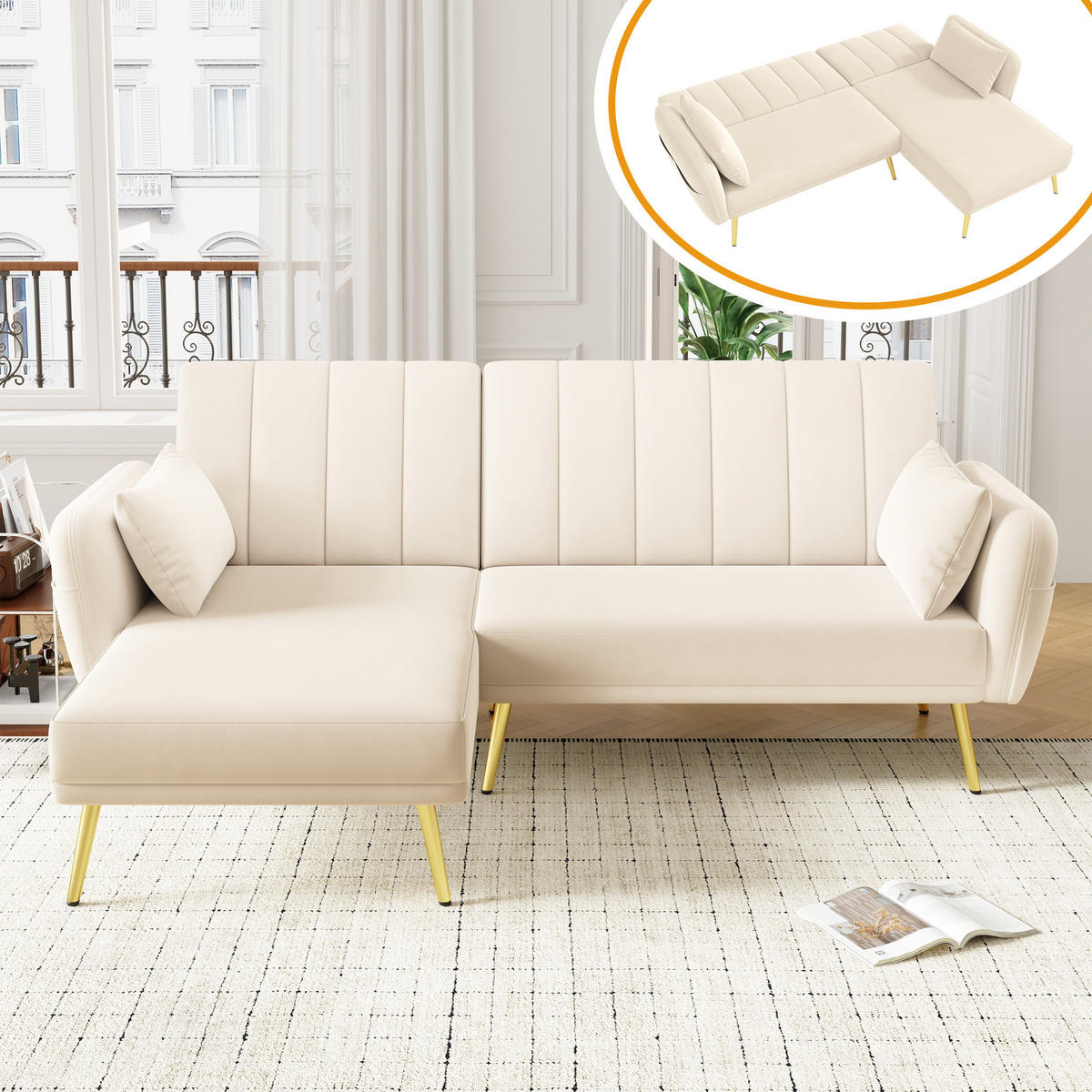 ECKSOFA, Samt mit Schlaffunktion & verstellbarer Rückenlehne, 191,5/130,5/80 cm, Beige - Beige, Textil (130.5/191.5cm) - Redom
