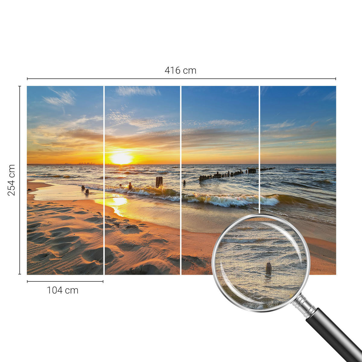 FOTOTAPETE 416x254 cm - Sonnenuntergang am Strand - Gelb, Textil (416/254cm) - Wallfluent