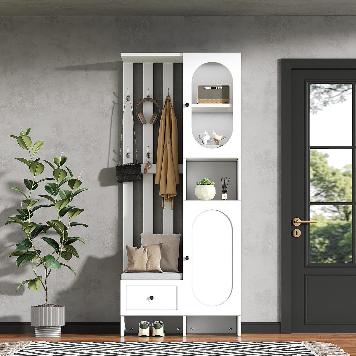 GARDEROBEN-SET in Weiß mit Schuhbank und Polster für Flur, B85/T33.5/H200 cm - Weiß, Holzwerkstoff (85/200/33.5cm) - STILVORA