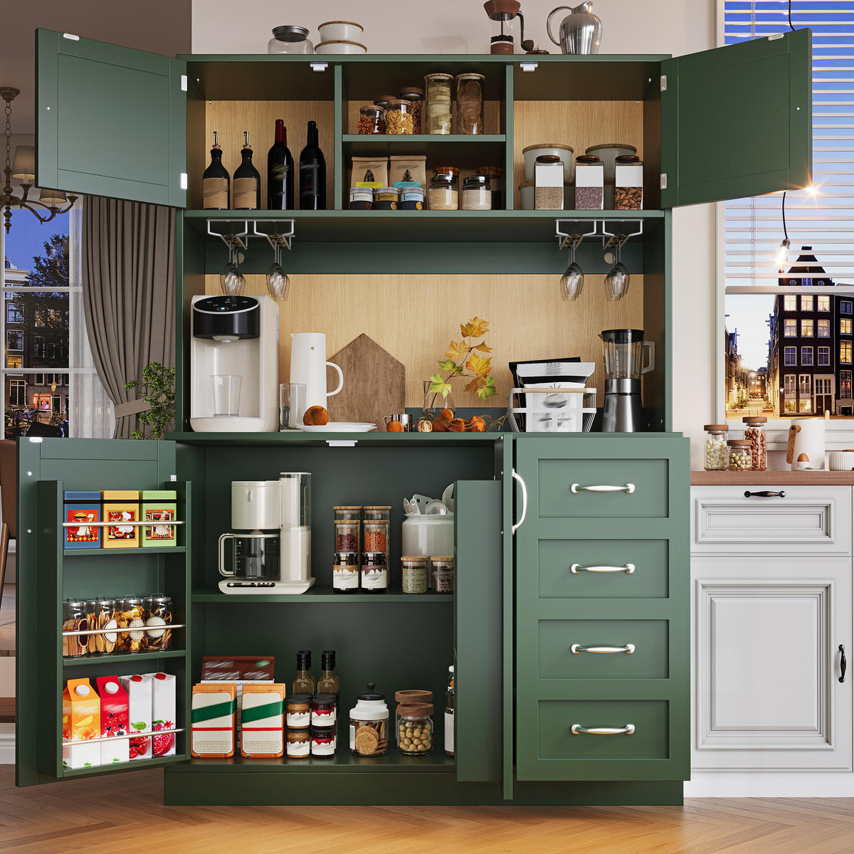 KÜCHENSCHRANK LED 120x40x188Cm 4 Türen Snackregal - Grün, Holzwerkstoff (120/188/40cm) - FLIEKS