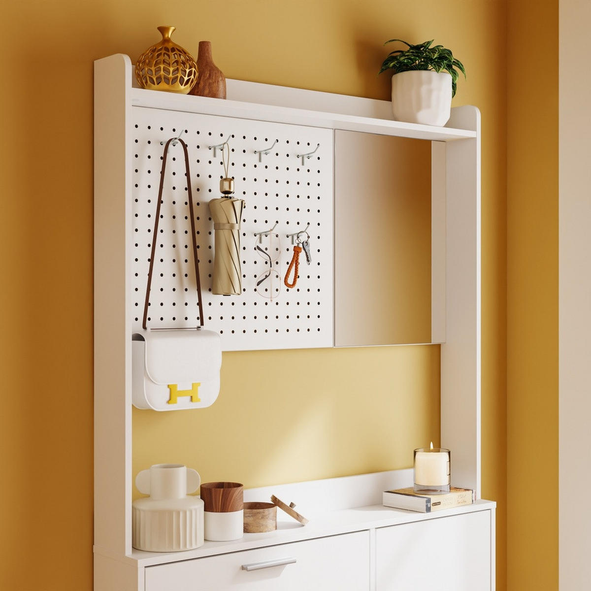 SCHUHSCHRANK mit Spiegel und Pegboard FSR233-W - Silberfarben/Weiß, Holzwerkstoff/Kunststoff (83/197/14cm) - SoBuy
