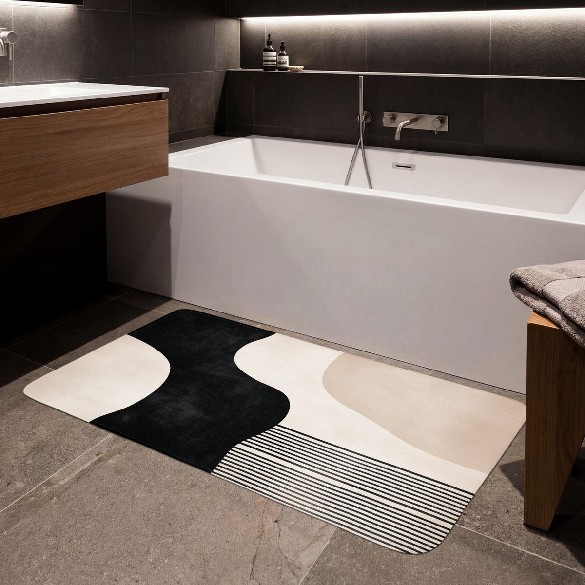 KÚPEĽŇOVÁ PREDLOŽKA Abstraktné - Japonské - Béžové - Moderné 120x60 cm - čierna/béžová, textil/plast (120/60cm) - OnlyWow