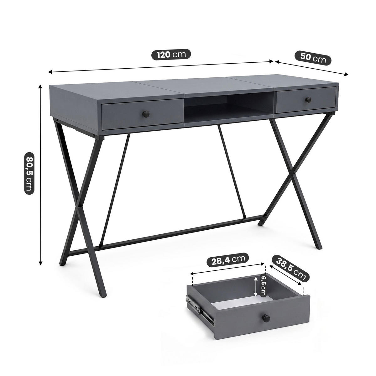 SCHREIBTISCH CROSSLINE 120 cm Graphit - Graphitfarben/Schwarz, Holzwerkstoff (50/120/80.5cm) - Akord