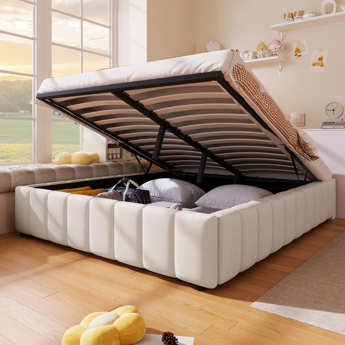 POLSTERBETT 140/200 cm aus Leinen mit hydraulischem Stauraum ohne Kopfteil Beige - Beige, Textil (140/200cm) - Modenvie