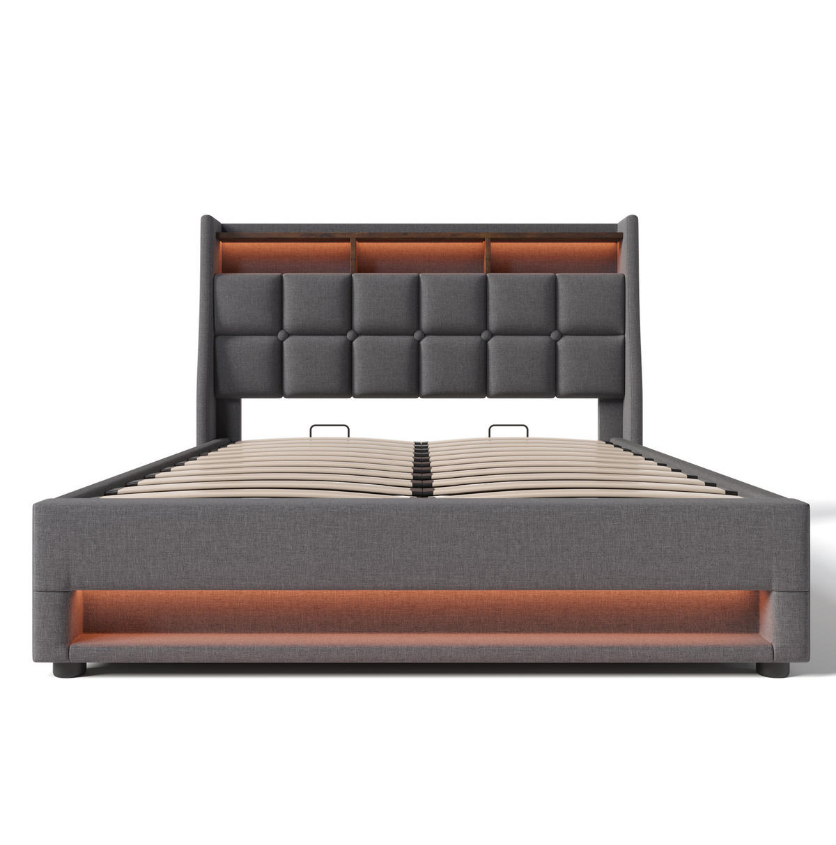 POLSTERBETT aus Leinen 160x200 cm Grau mit LED-Beleuchtung, USB-Anschluss und Stauraum - Grau, Textil (160/200cm) - IVMEU