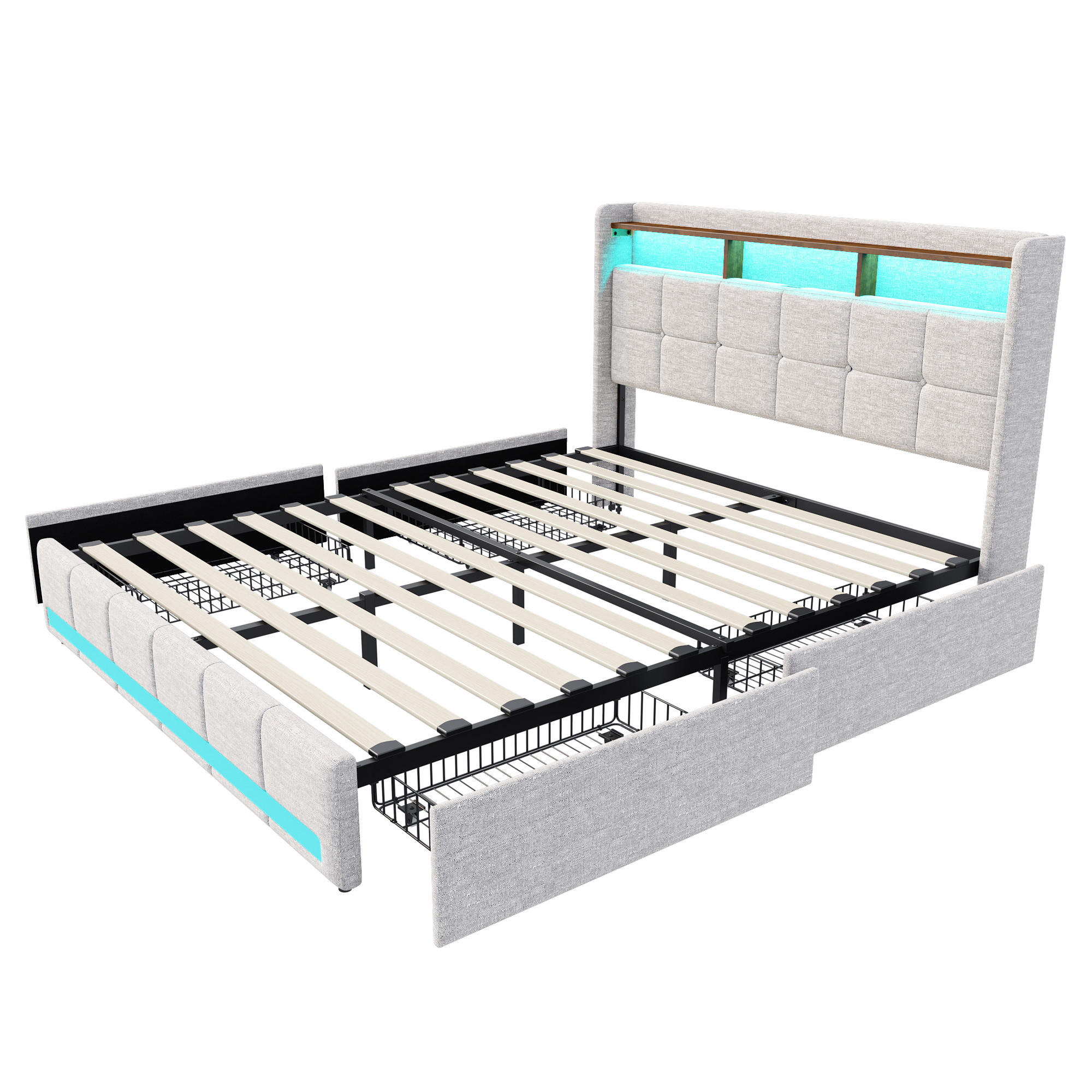 POLSTERBETT 160x200cm leinen led metallschubladen Beige - Beige, Metall - SHOPENTRA