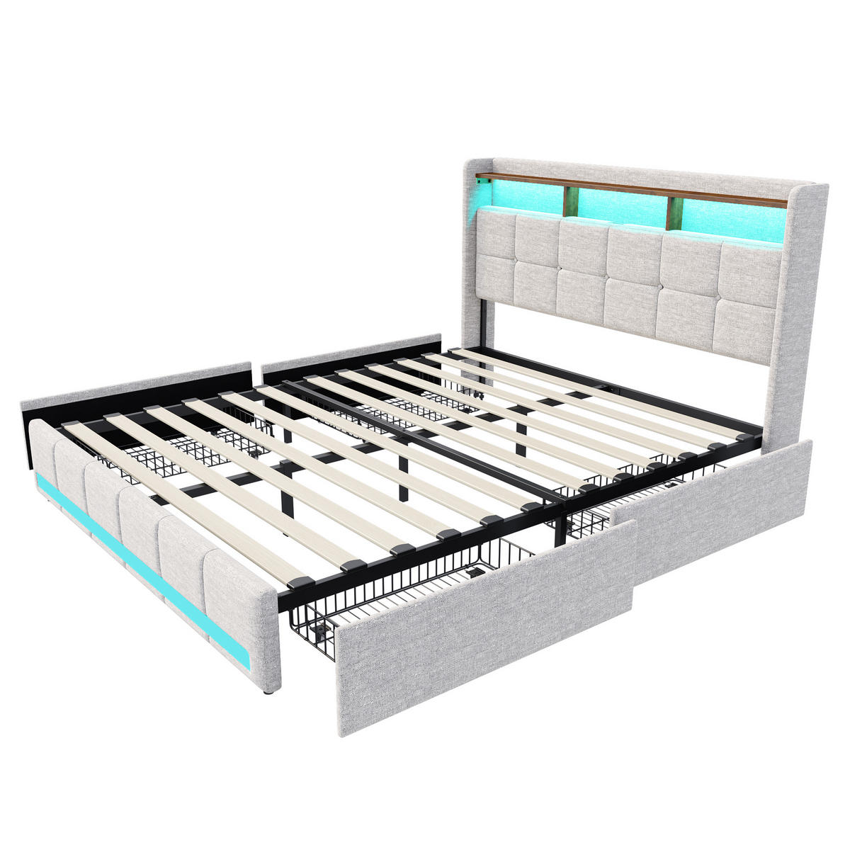 FUNKTIONSBETT POLSTERBETT 160x200 cm, mit USB-Laden & Stauraum, Beige - Beige, Holz (160/200cm)