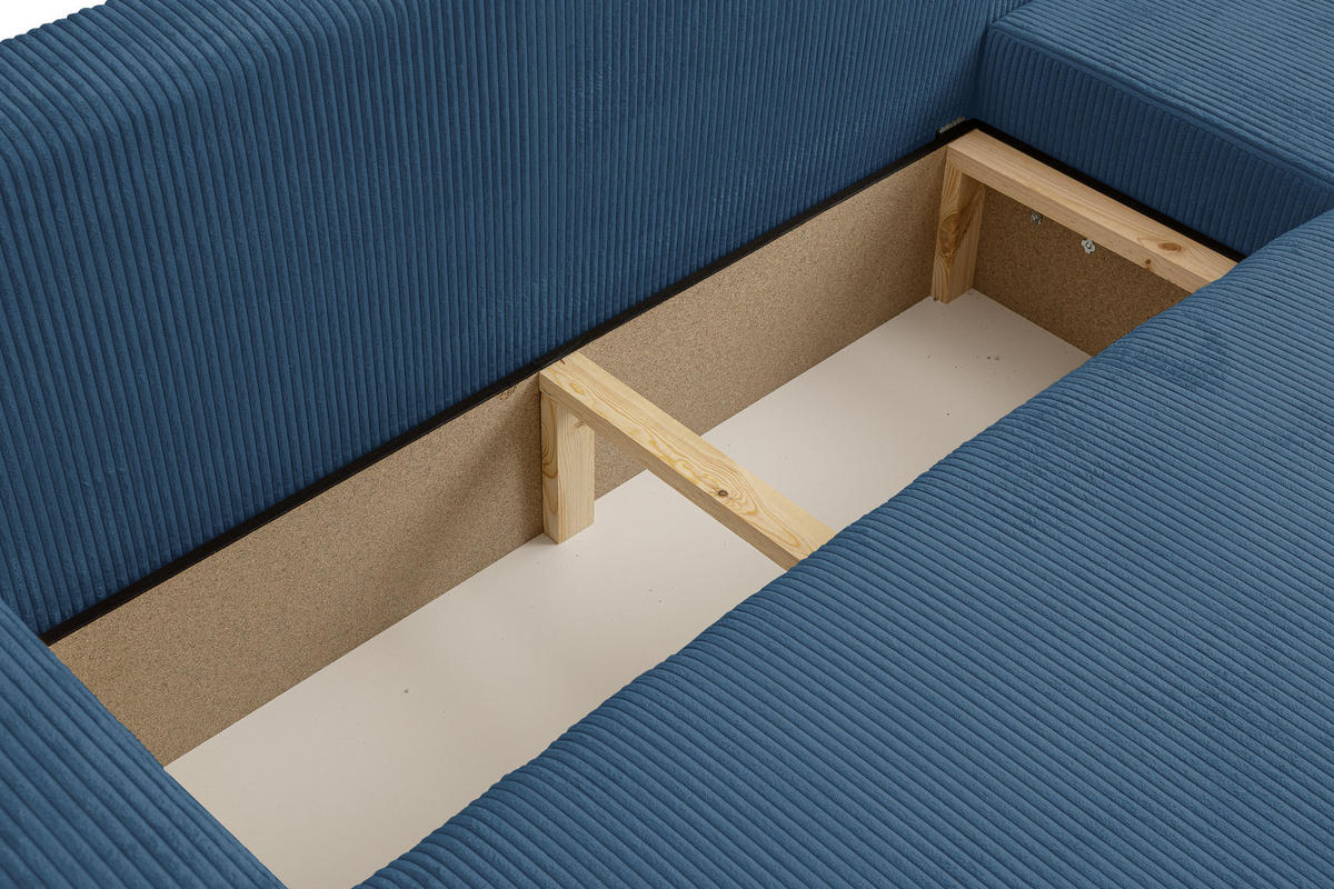 ECKSOFA TOKIO mit Schlaffunktion und Bettkasten, Farbe: Blau, Cordstoff, Ottomane Universal - Blau, Textil (275/170cm)