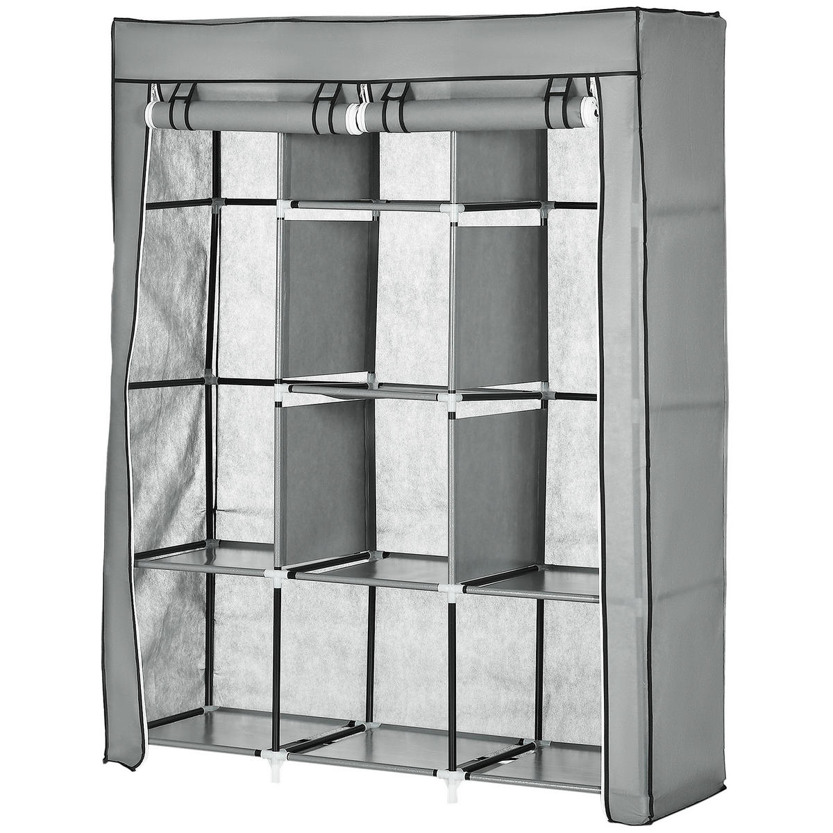 STOFFSCHRANK mit 8 Regalen und 2 Kleiderstangen, faltbarer Kleiderschrank als Aufbewahrungslösung, Grau - Hellgrau, Metall (125/162.5/43cm)