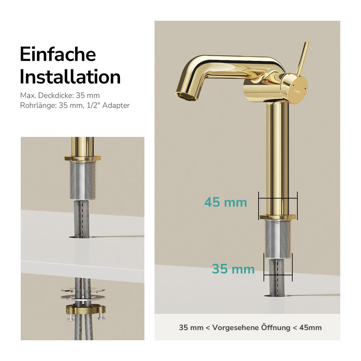 WASCHTISCHARMATUR Ventilkernzertifizierung Champagnergold 15cm - Goldfarben, Metall (20/7.6/22.2cm) - EMKE