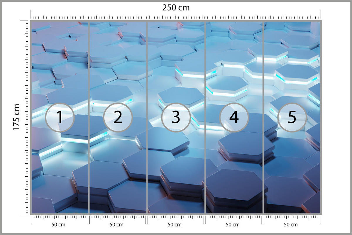 FOTOTAPETE für Jugendzimmer Blaue Neon Hexagone Formen Geometrie 250x175 - Blau/Weiß, Papier (250/175cm) - Muralo