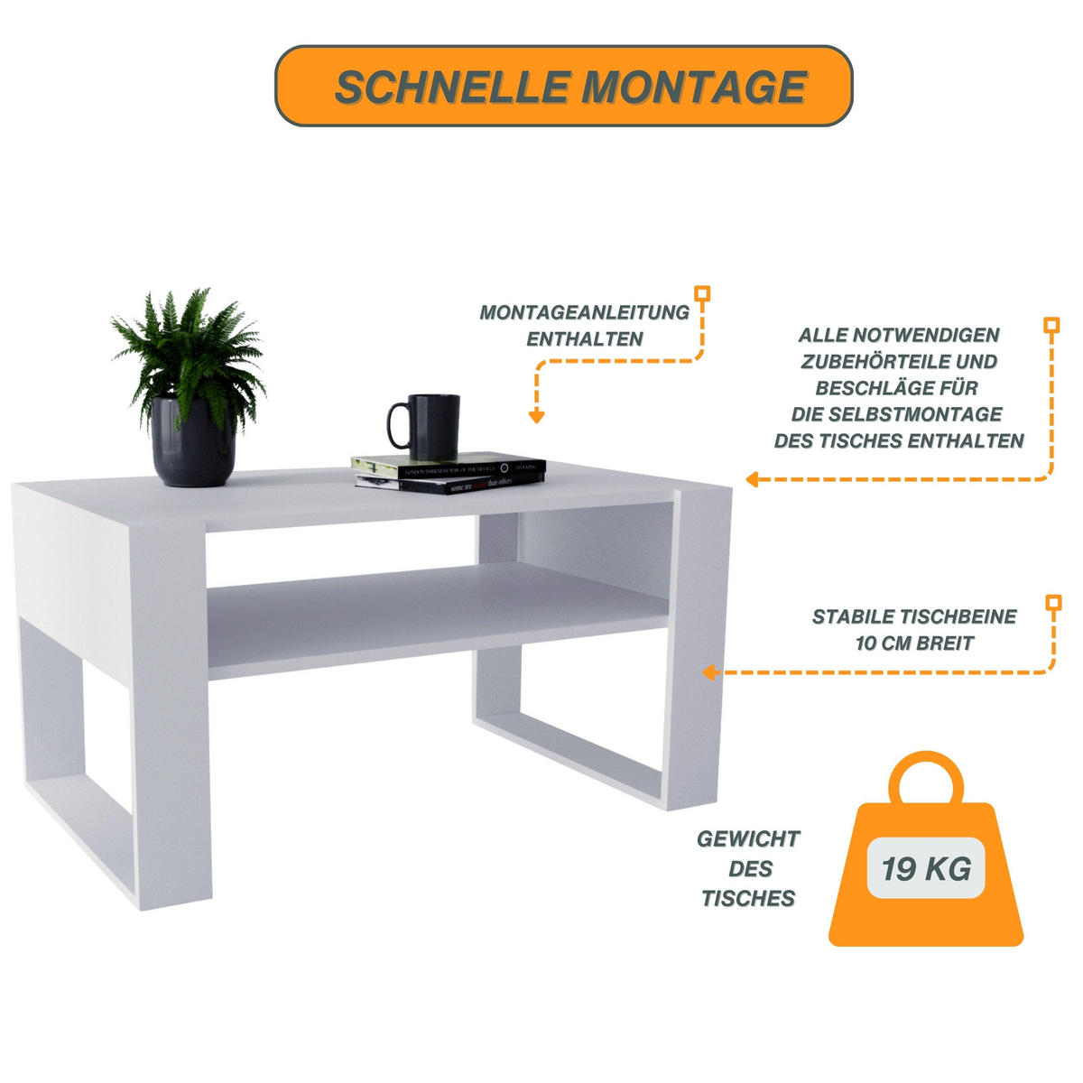 COUCHTISCH Holzwerkstoff rechteckig stabil Weiß 45/53,6/92cm - Weiß, Holzwerkstoff (53.6/92/45cm) - CraftPAK