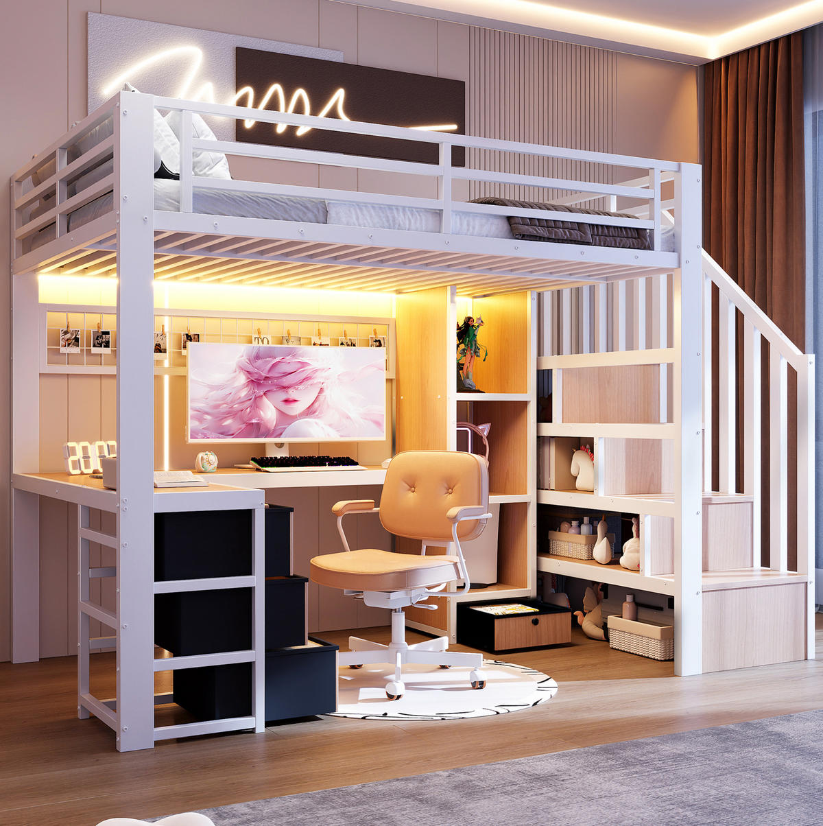 HOCHBETT 90/200 cm weiß aus Metall und MDF mit Schreibtisch und LED - Weiß, Metall (90/200cm) - OKWISH