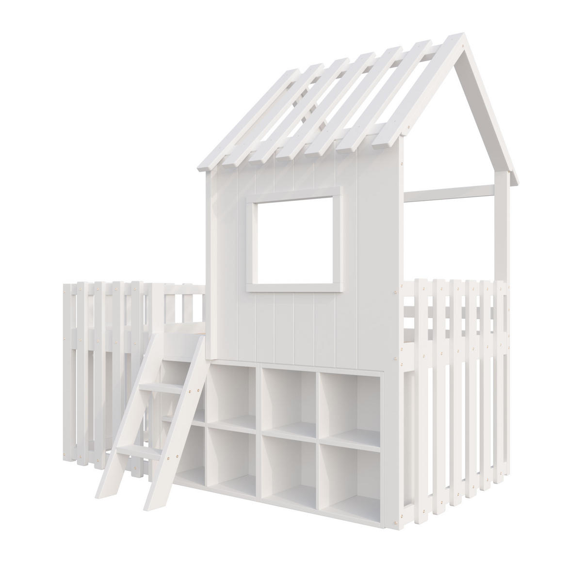 HAUSBETT 90/200 cm Weiß mit Dach und Fenster, Massivholz und offenem Stauraum - Weiß, Holz (90/200cm) - OKWISH