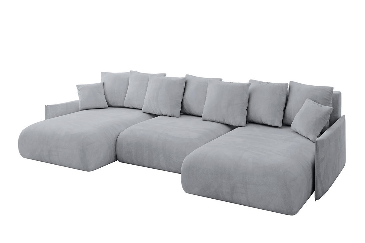 WOHNLANDSCHAFT mit Schlaffunktion und Bettkasten ONESK-U-v1 304x165x40 Hellgrau Velours - Hellgrau, Holzwerkstoff/Kunststoff (304/90/165cm) - ALTDECOR