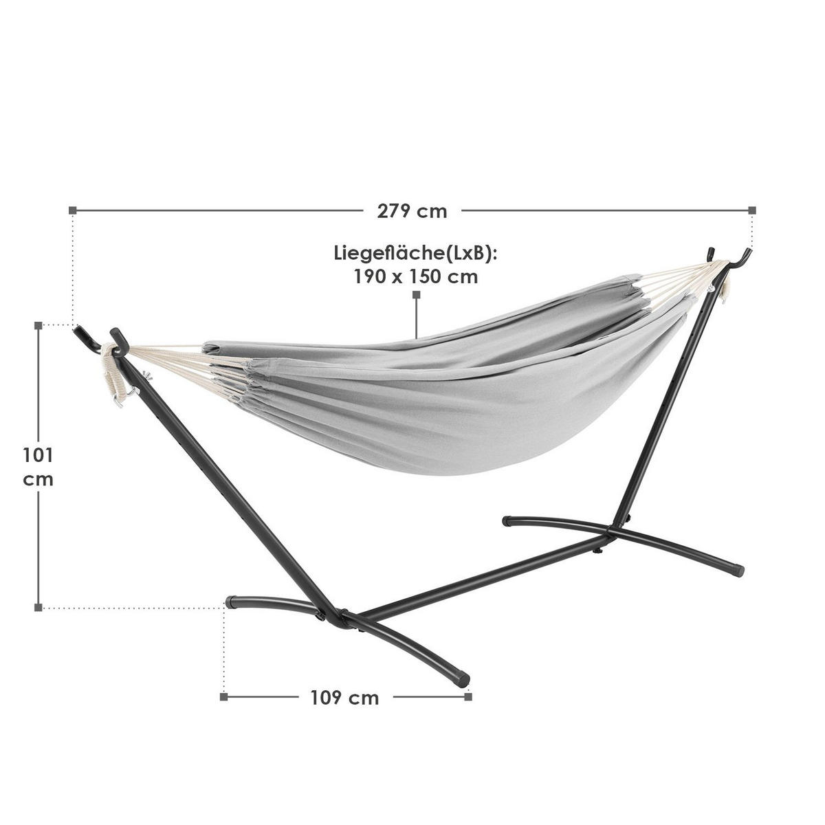 HÄNGEMATTE Paya hellgrau 281x107x96 cm - Hellgrau, Textil/Metall (109/101/279cm) - Juskys