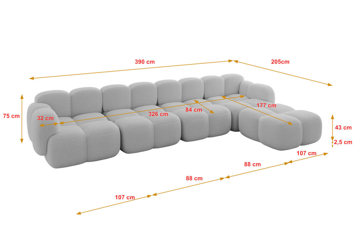 ECKSOFA modulares Sofa Rechts Miko-L3 390x205x75 Hellgrau Bouclé - Edelstahlfarben/Schwarz, Holzwerkstoff/Kunststoff (390/205cm) - ALTDECOR