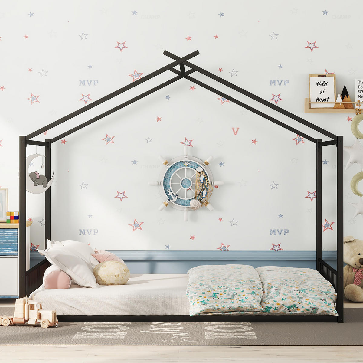 KINDERBETT 140/200 cm aus Metall in Schwarz mit Hausrahmen - Schwarz, Metall (140/200cm) - Flora Grace